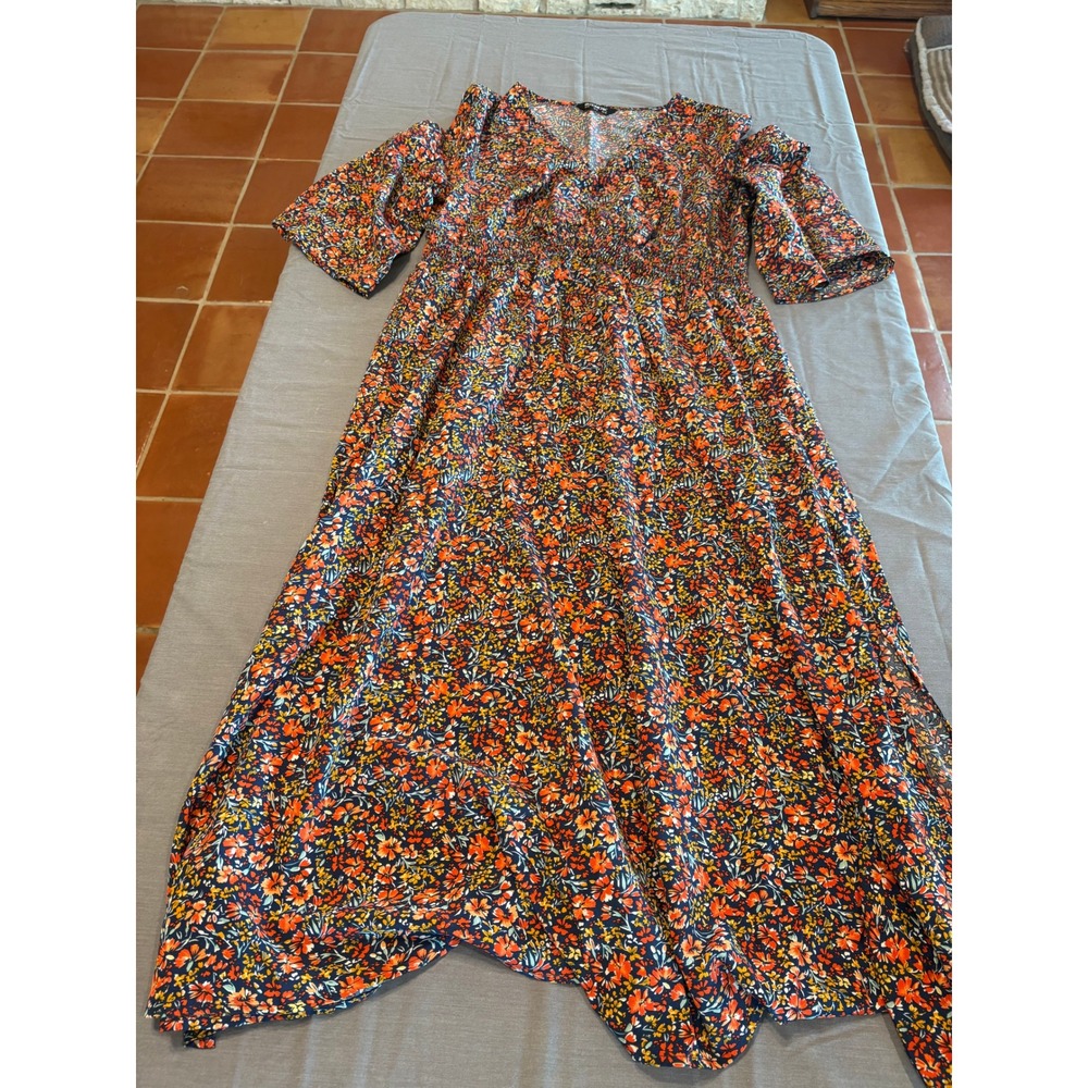 Bloomchic Floral Maxi Dress Blue Orange V-Neck Smocked Waist Size 12 US
